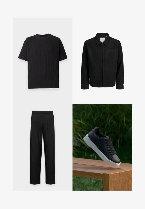 Black zip-up jacket with collar and single chest pocket, displayed on white background.; Black ribbed short-sleeve t-shirt with a crew neck, featuring a textured surface and a relaxed fit.; Black trousers made of smooth fabric, featuring a straight-leg design, two front pleats, and standard waistband with belt loops.; Black leather sneaker with a smooth texture, white rubber sole, and six eyelets for laces, displayed on a wooden surface.