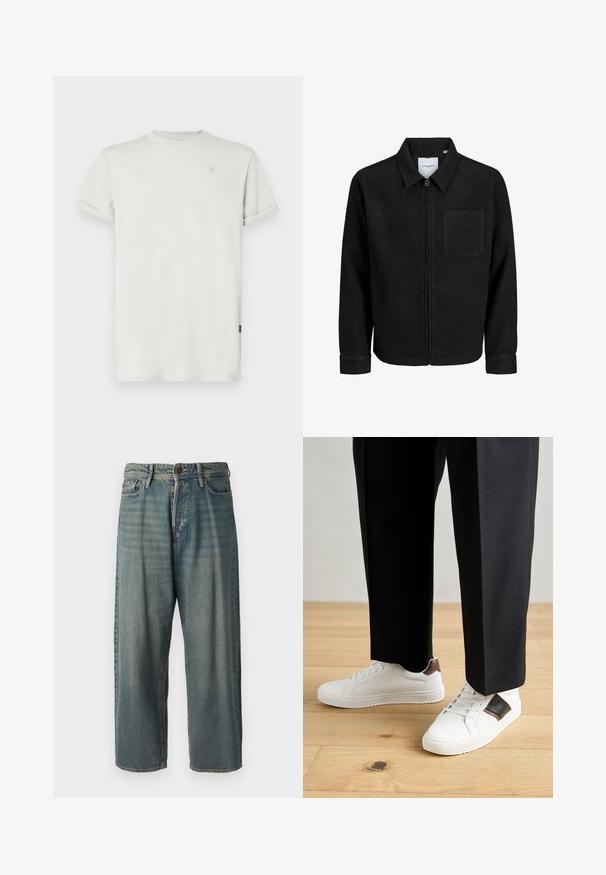 Black zip-up jacket with collar and single chest pocket, displayed on white background.; Light gray short-sleeve t-shirt made of cotton, featuring a crew neckline and a small logo detail on the chest side.; Light blue denim jeans with a loose fit, mid-rise waist, and straight legs. Features five pockets, belt loops, and a button closure.; White sneakers with smooth texture, featuring brown leather accents and black detailing, paired with black tailored pants. Wooden floor background.