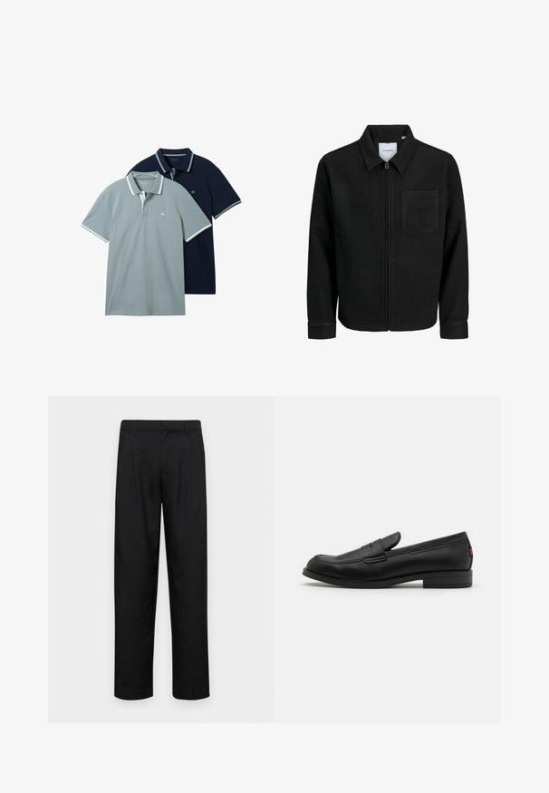 Mustaga lukuga jakker, millel on krae ja üks rinna-tasku, esitatud valgel taustal.; Kaks polo särki: üks heledashall, teine tumesinine. Mõlemad on varustatud kontrastsete valgete ääristega kaeluses ja varrukatel, millel on peen tekstuur.; Mustad mustadest riietest, millel on sirge jalgade disain, kaks eesmist voltimist ja tavaline vöökoht, millel on vöökohad.; Mustad mustad nahast loaferid siledast viimistlusest, ümmargune nina ja väike dekoratiivne klapp. Omab madalat kokkupandud kontsa ja diskreetset brändingut.