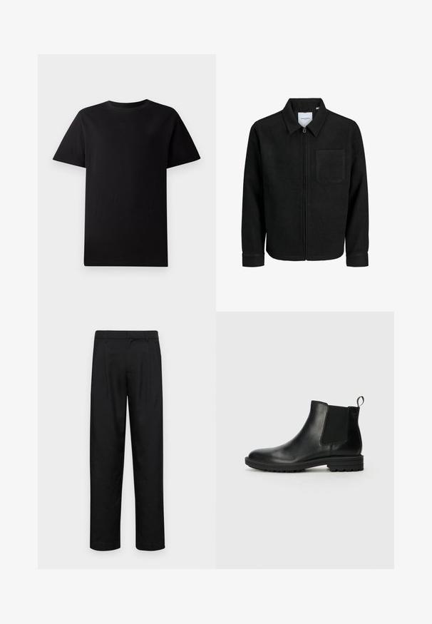 Black zip-up jacket with collar and single chest pocket, displayed on white background.; Plain black short-sleeve crew neck cotton t-shirt, laid flat on a white background.; Black trousers made of smooth fabric, featuring a straight-leg design, two front pleats, and standard waistband with belt loops.; Jack & Jones JFWHOSKINS - Classic ankle boots - anthracite