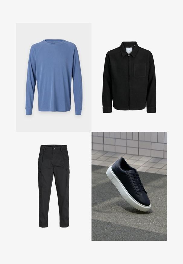 Melna jaka ar rāvējslēdzēju un apkakli, vienu krūšu kabatu, parādīta uz baltas fona.; Garu piedurknēm, ar apaļu kakla izgriezumu, gaiši zilā krāsā, ar teksturētu ribotu dizainu un raglan piedurknēm ar cieši pieguļošām aprocēm.; Melnas kravas bikses, izgatavotas no izturīga auduma, ar vairākiem kabatām, pogu aizdari un šaura piegriezuma dizainu ar sašaurinātiem kāju apakšiem.; Melnas ādas kedas ar noapaļotu pirkstu un baltu gumijas zoli. Iespējas - plakanas šņorītes un minimāla apdare augšdaļā. Struktūrēta zole, lai nodrošinātu saķeri.