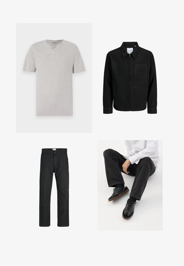 Melna jaka ar rāvējslēdzēju un apkakli, vienu krūšu kabatu, parādīta uz baltas fona.; Īsām piedurknēm, pelēkā un baltā svītraina T-kreklu ar apaļu apkakli un divu pogu detaļu ap kaklu. Mīksts audums ar brīvu piegriezumu.; Melnas bikses no izturīga auduma, ar taisna griezuma dizainu, izšūtām akcentiem un divām priekšējām kabatām funkcionālitātei.; Melnas sporta kurpes ar gludu un teksturētu virsu, apgādātas ar gumijas zoli un tumšiem auklām. Saskaņotas ar melniem džinsiem un baltu svītrainu krekls.