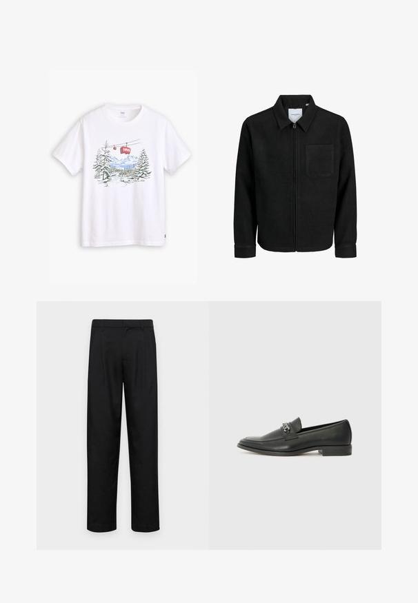 Melna jaka ar rāvējslēdzēju un apkakli, vienu krūšu kabatu, parādīta uz baltas fona.; Levi's® RELAXED FIT - Apdrukāts T-krekls - white; Melnas bikses, izgatavotas no gludas auduma, ar taisnu kāju dizainu, divām priekšējām krokām un standarta jostu, kurai ir āķi.; Melna ādas loafer izmēra apavi ar gludu virsmu, piedāvā ar šūtu dizainu un dekoratīvu metāla ķēdes akcentu pār vampu. Plakana papēža daļa.