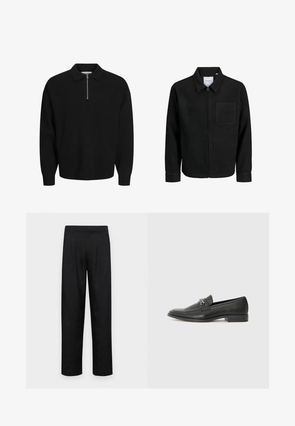 Black zip-up jacket with collar and single chest pocket, displayed on white background.; Jack & Jones Polo shirt - black; Black trousers made of smooth fabric, featuring a straight-leg design, two front pleats, and standard waistband with belt loops.; Black leather loafer with a smooth finish, featuring a stitched design and a decorative metal chain accent across the vamp. Flat heel.