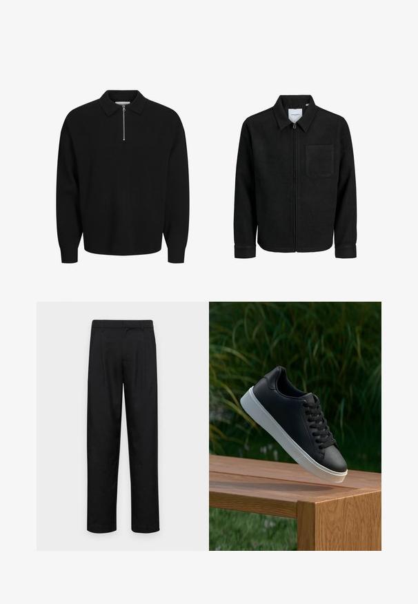 Jachetă neagră cu fermoar, cu guler și un singur buzunar pe piept, expusă pe fundal alb.; Jack & Jones Bluză polo - black; Pantaloni negri dintr-un material neted, cu un design drept, două pliuri frontale și un tiv standard cu bucle pentru curea.; Adidași din piele neagră cu o textură netedă, talpă din cauciuc alb și șase orificii pentru șireturi, expuși pe o suprafață din lemn.