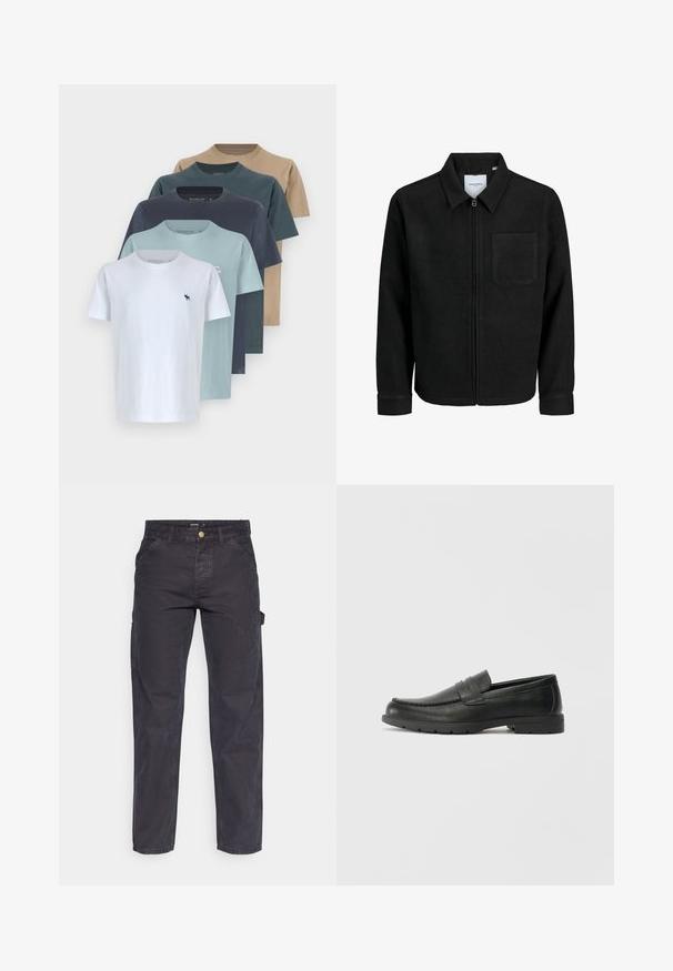 Čierna zipsová bunda s golierom a jednou náprsníkou, vystavená na bielom pozadí.; Sada piatich bavlnených tričiek v rôznych farbách: biela, svetlomodrá, tmavomodrá, zelená a béžová. Klasický strih s okrúhlym výstrihom a malým logom.; Tmavošedé cargo nohavice vyrobené z odolného materiálu, s rovnými nohavicami, piatimi vreckami a gombíkovým zapínaním v páse.; Čierne kožené mokasíny s hladkým povrchom, vrchnou časťou v štýle mokasín, prešitým detailom a gumovou podrážkou. Klasický dizajn s nízkym podpätkom.