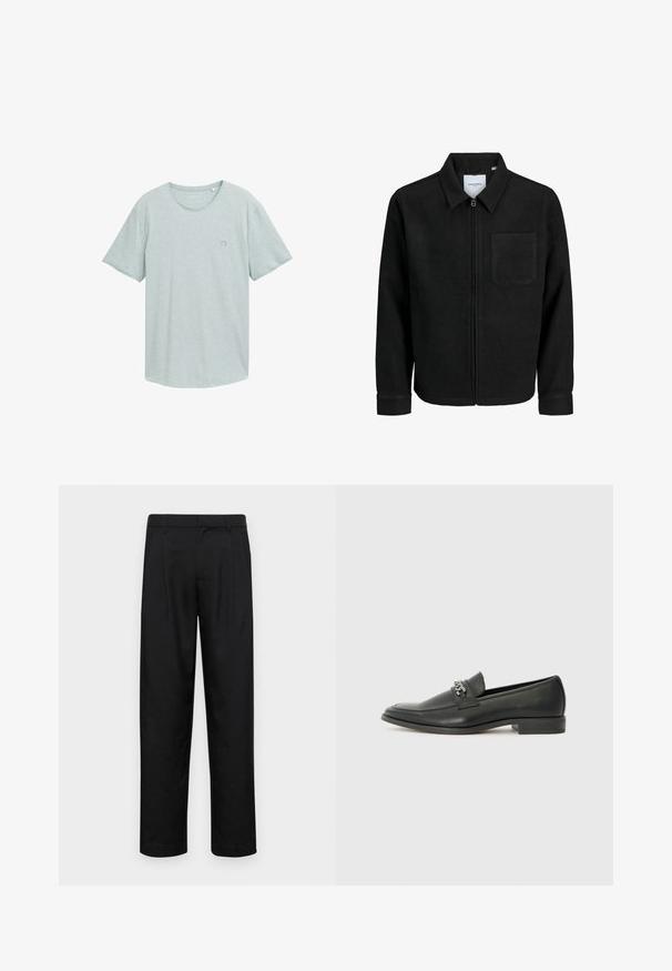 Jachetă neagră cu fermoar, cu guler și un singur buzunar pe piept, expusă pe fundal alb.; Tricou scurt de culoare gri deschis, cu guler rotund, realizat dintr-un material moale de bumbac, având un mic accent cu logo pe pieptul stâng.; Pantaloni negri dintr-un material neted, cu un design drept, două pliuri frontale și un tiv standard cu bucle pentru curea.; Pantofii negri din piele cu un finisaj neted, având un design cusut și un accent decorativ de lanț metalic peste partea de sus. Toc plat.