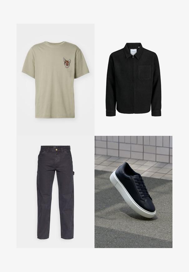Svart zip-jacka med krage och en enda bröstficka, visad på vit bakgrund.; DOCKERS GRAPHIC TEE - T-shirt med print - khaki; Mörkgrå cargobyxor i slitstark tyg, med rak benform, fem fickor och knappstängning i midjan.; Svart lädersneaker med rundad tå och vit gummisula. Har platta snören och minimal sömnad på ovansidan. Texturerad sula för grepp.