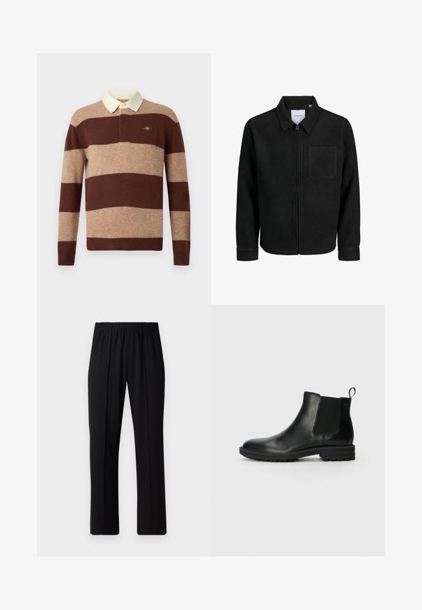 Černá zipová bunda s límečkem a jednou kapsou na hrudi, vystavená na bílém pozadí.; Rugby košile s dlouhým rukávem, širokými horizontálními pruhy v hnědé a béžové barvě a krémovým límcem, s malým vyšitým logem na hrudi.; Černé kalhoty s elastickým pasem a rovnými nohavicemi, s hladkým povrchem a bez viditelných vzorů nebo kovových doplňků.; Jack & Jones JFWHOSKINS - Kotníkové boty - anthracite