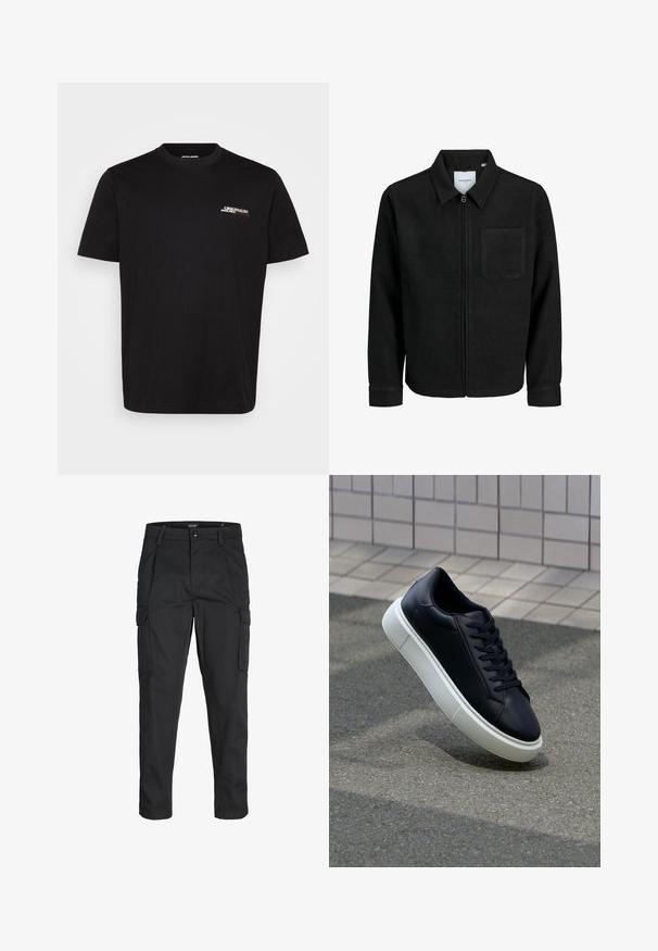 Sort lynlåsjakke med krave og en enkelt brystlomme, vist på hvid baggrund.; Sort bomulds T-shirt med korte ærmer, rund halsudskæring og en lille hvid og rød "ORIGINALS" tekstdetalje på forsiden.; Sorte cargo-bukser lavet af slidstærkt stof, der har flere lommer, en knaplukning og et slim fit design med smalle ben.; Sort lædersneaker med rund tå og hvid gummisål. Har flade snørebånd og minimal syning på overdelen. Tekstureret sål for bedre greb.