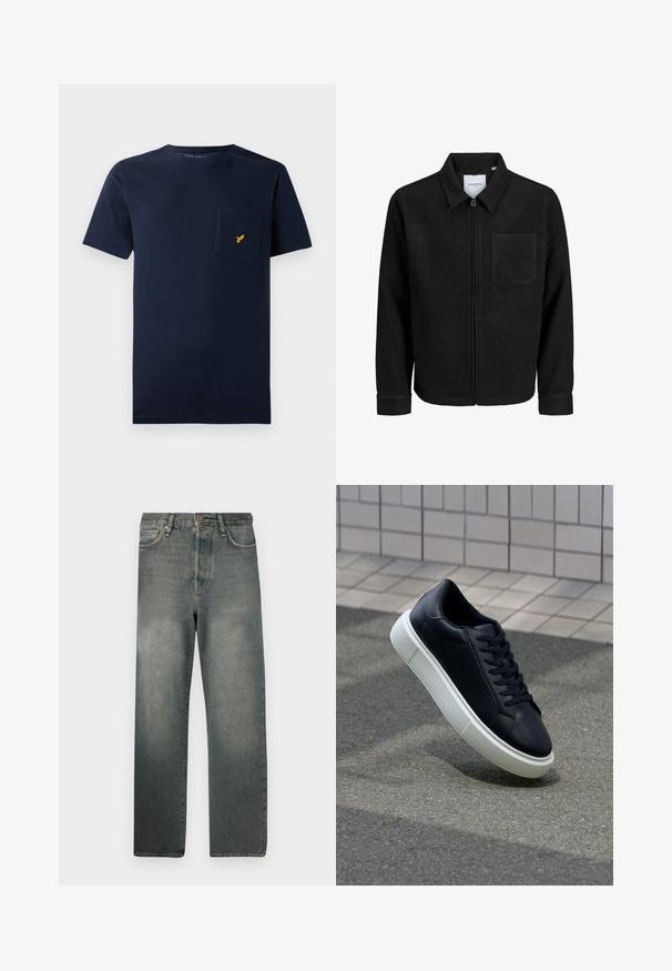 Giacca nera con zip, colletto e una tasca sul petto, mostrata su sfondo bianco.; T-shirt in cotone blu navy con maniche corte, scollatura rotonda e taschino sul petto con un piccolo logo di un uccellino giallo.; Jack & Jones JJIALEX JJCOOPER - Jeans baggy - black denim; Sneaker in pelle nera con punta arrotondata e suola in gomma bianca. Presenta lacci piatti e cuciture minime sulla parte superiore. Suola testurizzata per una migliore aderenza.