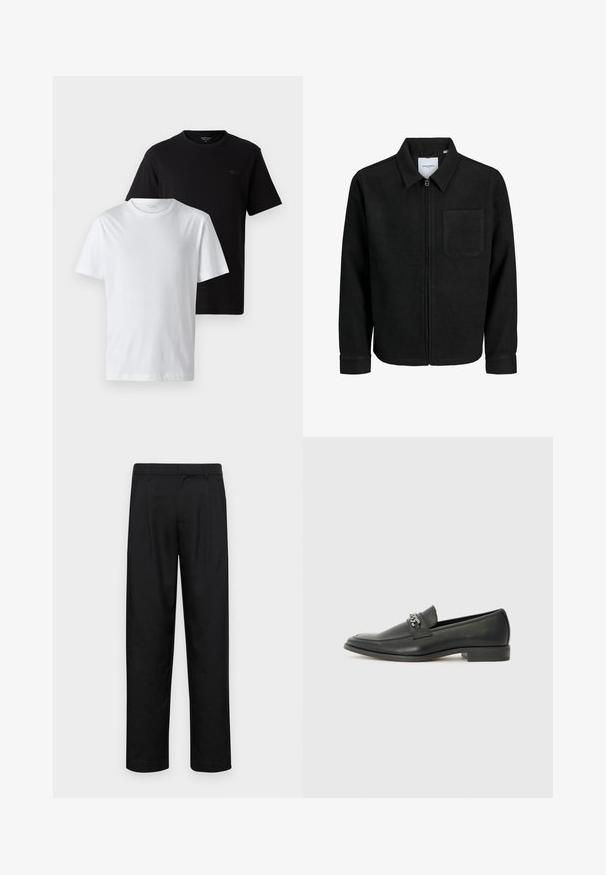 Mustaga lukuga jakker, millel on krae ja üks rinna-tasku, esitatud valgel taustal.; Kaks T-särki, üks must ja teine valge. Mõlemad on ümmarguse kaelusega ja nendel on rindkeres väike logo, valminud puuvillast materjalist.; Mustad mustadest riietest, millel on sirge jalgade disain, kaks eesmist voltimist ja tavaline vöökoht, millel on vöökohad.; Must haveate nahkking punased, millel on sile viimistlus, tikitud muster ja dekoratiivne metallkett vampi üle. Tasane konts.