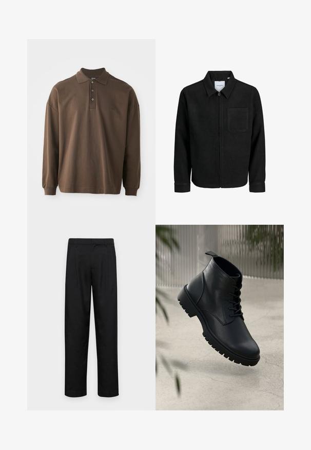 Črna jakna z zadrgo in ovratnikom ter enim žepom na prsih, prikazana na beli podlagi.; Rjava dolg rokav polo majica s ovratnikom, tremi gumbi in rebrastimi manšetami. Narejena iz mehke bombažne tkanine z ohlapnim krojem.; Črne hlače iz gladkega materiala, s krojem ravne noge, dvema sprednjima pregiboma in standardnim pasom z zankami za pas.; Črne usnjene gležnjarje z zaobljenim nosom, s vezalkami in trdim gumijastim podplatom. Gladka tekstura z zanko na hrbtni strani.