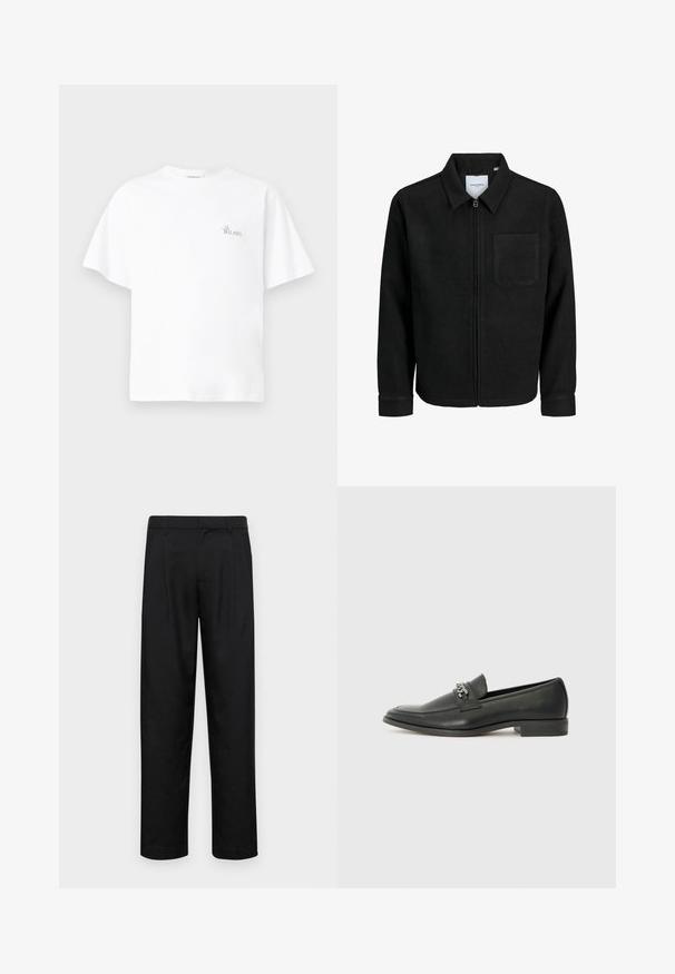 Fekete, zipzáros dzseki gallérral és egyetlen mellzsebbel, fehér háttéren.; Fehér pamut póló laza fit választható, kerek nyakkal, rövid ujjakkal, és egy kis "La Bellavista" logó hímzéssel a mellkason.; Fekete nadrág sima anyagból, egyenes szárú fazonnal, két elülső redővel és közönséges derékkal, övhurkokkal.; Fekete bőr loaferek sima felülettel, varrott mintával és díszítő fém lánccal a cipő elején. Lapos sarok.