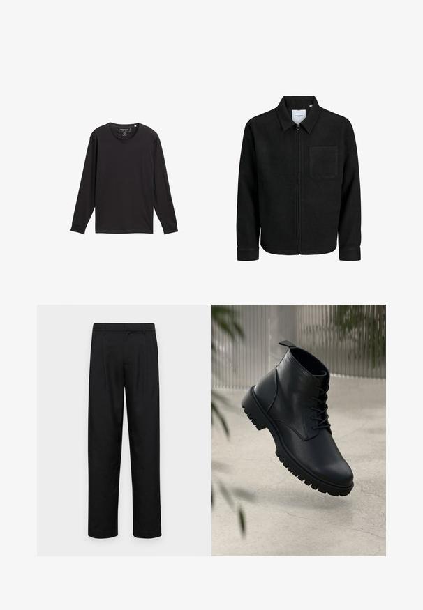 Jachetă neagră cu fermoar, cu guler și un singur buzunar pe piept, expusă pe fundal alb.; Tricou negru cu mâneci lungi și guler rotund, cu manșete cu nervuri și o etichetă pe gulerul interior.; Pantaloni negri dintr-un material neted, cu un design drept, două pliuri frontale și un tiv standard cu bucle pentru curea.; Botine din piele neagră până la gleznă, cu vârf rotund, design cu şireturi şi talpă din cauciuc robustă. Textură netedă cu o bandă de prindere în spate.