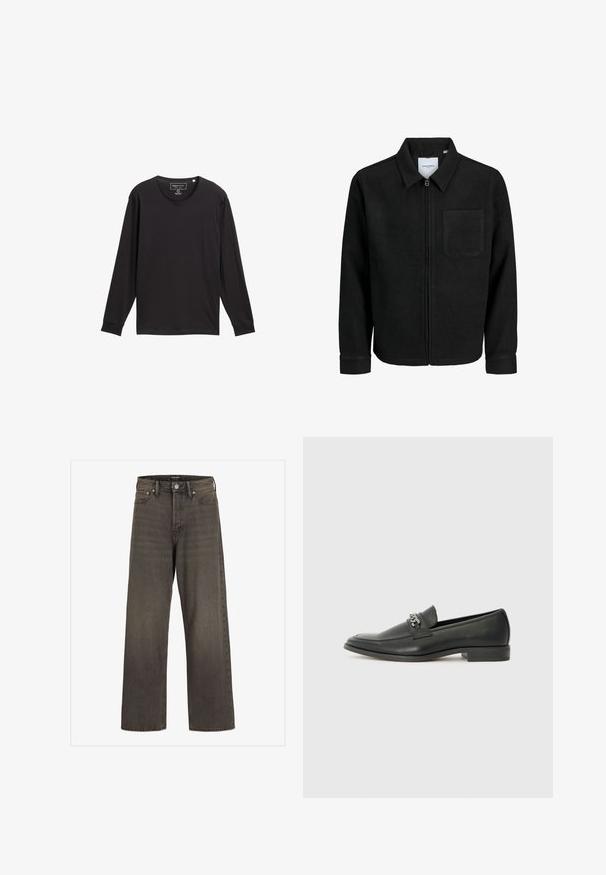 Juodas džemperis su užtrauktuku, apykakle ir vienu krūtiniu kišenėje, pristatytas baltame fone.; Juoda ilgomis rankovėmis marškinėliai su apvalia iškirpte, su įsiūtomis apykaklėmis ir etikete vidinėje apykaklėje.; Plati kojinės džinsai tamsiai pilkos spalvos džinsinio audinio, su aukštu liemeniu, klasikinio penkių kišenių dizainu ir kontrastinga siuvimo linija siūlėse.; Juodos odinės loafer tipo bateliai su lygiu paviršiumi, turintys siuvinėtą dizainą ir dekoratyvų metalo grandinėlės akcentą ant batų viršaus. Plokščias kulnas.