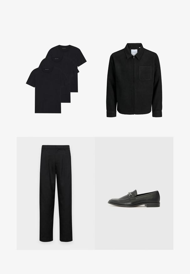 Mustaga lukuga jakker, millel on krae ja üks rinna-tasku, esitatud valgel taustal.; Kolm musta puuvillast T-särki, millel on ümar kaelus, lühikesed varrukad ja lihtne disain. Iga särgi lähedal on nähtav logo.; Mustad mustadest riietest, millel on sirge jalgade disain, kaks eesmist voltimist ja tavaline vöökoht, millel on vöökohad.; Must haveate nahkking punased, millel on sile viimistlus, tikitud muster ja dekoratiivne metallkett vampi üle. Tasane konts.