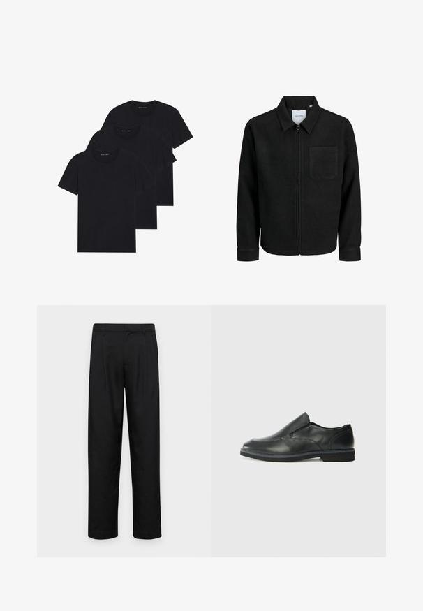 Črna jakna z zadrgo in ovratnikom ter enim žepom na prsih, prikazana na beli podlagi.; Tri črna bombažna majica s kratkimi rokavi in krožnim ovratnikom, enostavne zasnove. Vsaka majica ima vidno logo blizu ovratnika.; Črne hlače iz gladkega materiala, s krojem ravne noge, dvema sprednjima pregiboma in standardnim pasom z zankami za pas.; Črne usnjene natikače z gladkim zgornjim delom, prišitimi detajli, zaobljenim nosom in nizkim gumijastim petkom. Podplat ima minimalen profil.