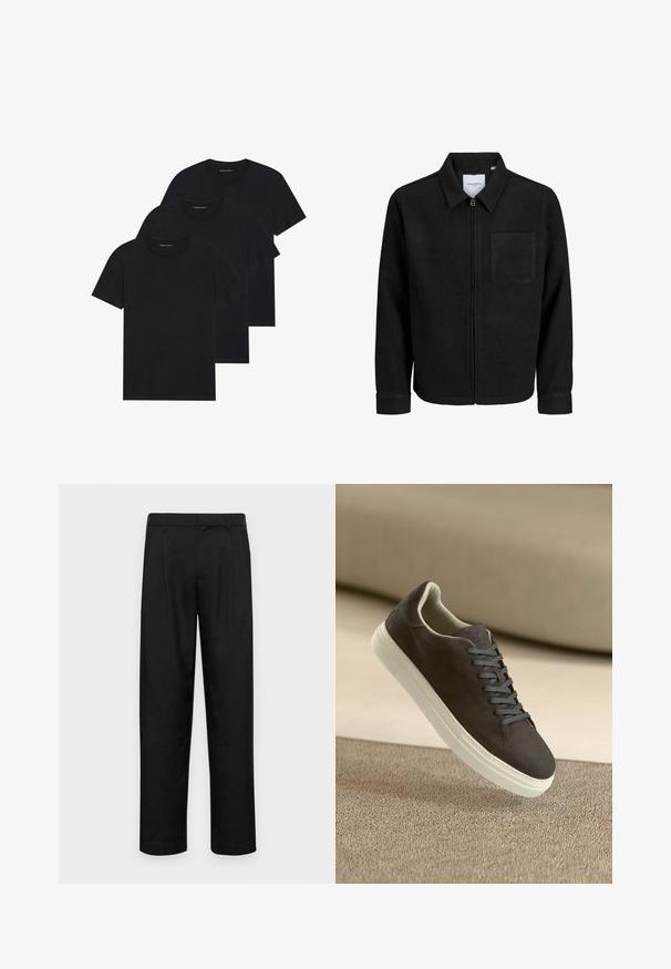 Black zip-up jacket with collar and single chest pocket, displayed on white background.; Three black cotton t-shirts with crew necks, short sleeves, and a plain design. Each shirt features a visible logo near the neckline.; Black trousers made of smooth fabric, featuring a straight-leg design, two front pleats, and standard waistband with belt loops.; Dark gray suede sneaker with matching laces and white rubber sole, positioned above a textured beige surface with soft background.
