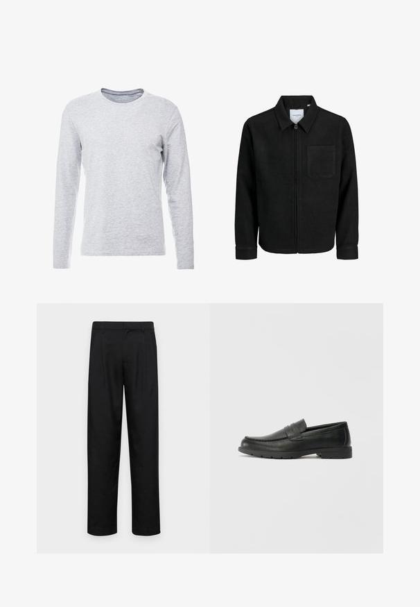 Čierna zipsová bunda s golierom a jednou náprsníkou, vystavená na bielom pozadí.; Dlhý rukáv šedé tričko z mäkkého, ľahkého materiálu s klasickým okrúhlym výstrihom a jednoduchým, bez ozdôb dizajnom.; Čierne nohavice vyrobené z hladkej tkaniny, s rovnými nohavicami, dvoma prednými skladmi a štandardným pásom s pútkami na opasok.; Čierne kožené mokasíny s hladkým povrchom, vrchnou časťou v štýle mokasín, prešitým detailom a gumovou podrážkou. Klasický dizajn s nízkym podpätkom.