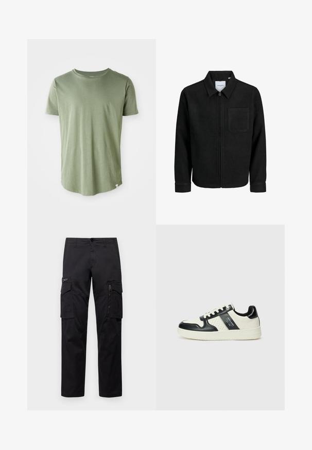 Juodas džemperis su užtrauktuku, apykakle ir vienu krūtiniu kišenėje, pristatytas baltame fone.; Šviesiai žalias trumpų rankovių marškinėliai, pagaminti iš minkštos medžiagos, su apvalia iškirpte, tiesiu kraštu ir mažą etikete apačioje kairėje pusėje.; Juodos krovinių kelnės, turinčios kelis kišenes, užtrauktuku uždaromą kišenę ant šlaunies, tiesaus kirpimo ir tvirtos medvilnės audinys su nežymiu blizgesiu.; Odiniai sportbačiai juodos ir kreminės spalvų schemoje, su perforuotais akcentais, paminkštinta apykakle ir tekstūruotu padu.