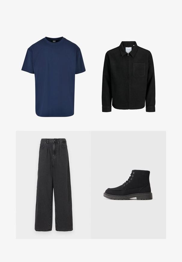Fekete, zipzáros dzseki gallérral és egyetlen mellzsebbel, fehér háttéren.; Sötétkék pamut póló kerek nyakkal és rövid ujjakkal. Simaság jellemzi, laza szabású, alkalmas hétköznapi viseletre.; Széles szárú, magas derekú fekete farmernadrág, elülső gombbal és cipzárral, oldalsó zsebekkel és sima felülettel.; Fekete bokacsizma textilből, lapos talppal, kerek orral és hat fűzőlyukkal. megerősített varrás az élek mentén.