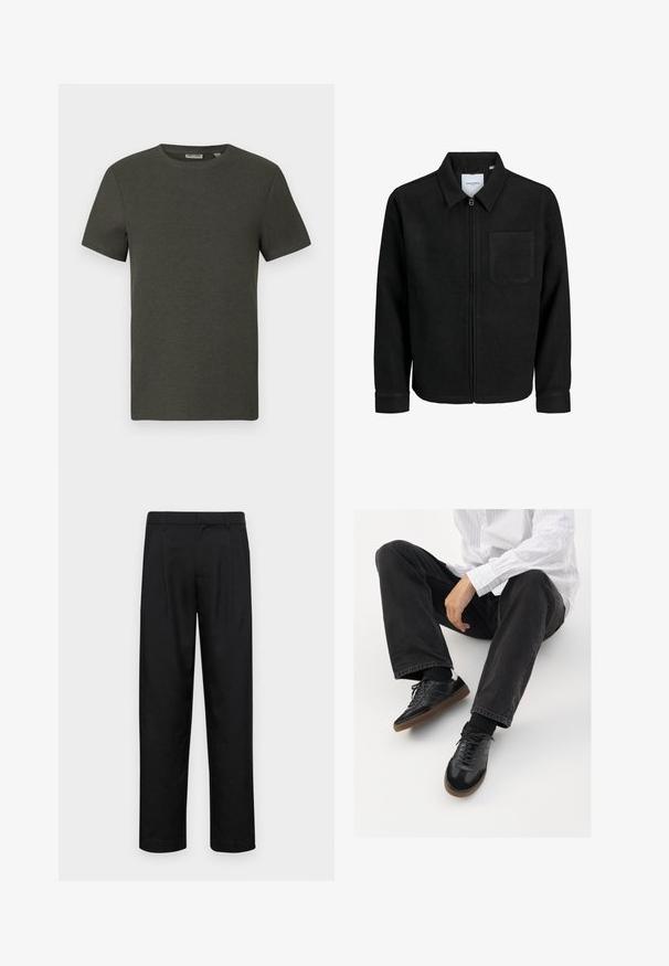 Juodas džemperis su užtrauktuku, apykakle ir vienu krūtiniu kišenėje, pristatytas baltame fone.; Tamsiai žalia trumpomis rankovėmis marškinėliai su apvaliu iškirpimu, pagaminti iš gilių medžiagų; turi paprastą, minimalistinį dizainą be raštų.; Juodi kelnių modeliai, pagaminti iš lygios medžiagos, turi tiesią kojas, du priekiniai klostės ir standartinę juosmenį su diržo kilpomis.; Juodi sportbačiai su lygiu ir tekstūruotu paviršiumi, turi guminį padas ir tamsias raištelius. Suderinti su juodomis džinsais ir balta juostuota marškinėliais.