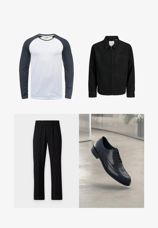 Giacca nera con zip, colletto e una tasca sul petto, mostrata su sfondo bianco.; T-shirt a maniche lunghe con corpo bianco e maniche raglan grigio scuro. Realizzato in tessuto liscio con scollatura arrotondata e dettagli di cucitura sottili.; Pantaloni neri con vita elasticizzata e design a gamba dritta, caratterizzati da una texture liscia e senza motivi o hardware visibili.; Scarpa da cerimonia in pelle nera lucida con lacci, sospesa sopra un pavimento grigio chiaro e con barre metalliche verticali sullo sfondo.