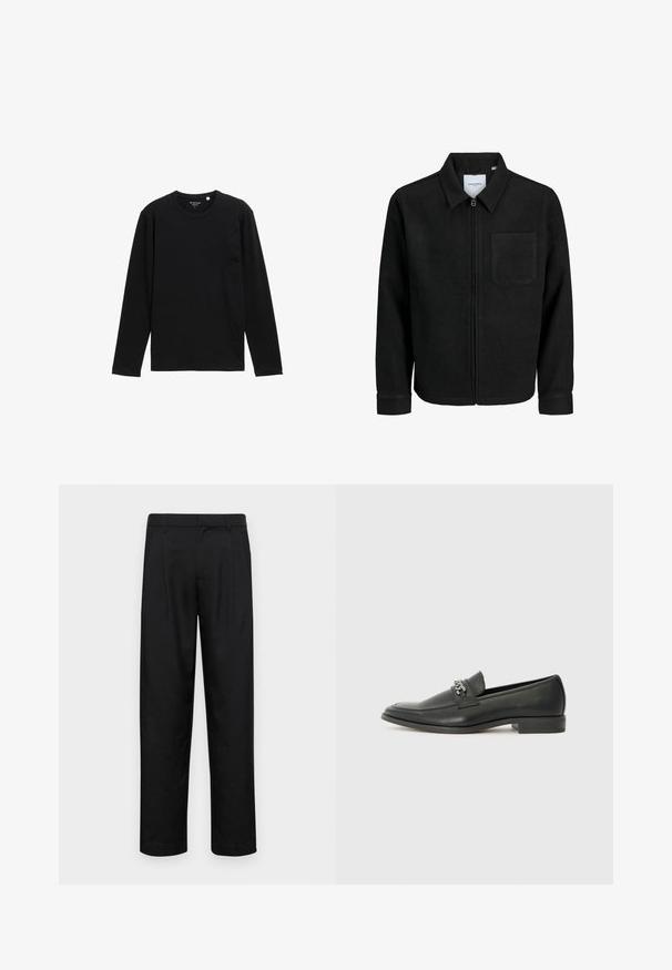 Mustaga lukuga jakker, millel on krae ja üks rinna-tasku, esitatud valgel taustal.; Must have pikkade varrukatega must T-särk, mis on valmistatud ribakanga materjalist, ümar kaelus ja mugav lõige, ilma lisa mustrite või kaunistusteta.; Mustad mustadest riietest, millel on sirge jalgade disain, kaks eesmist voltimist ja tavaline vöökoht, millel on vöökohad.; Must haveate nahkking punased, millel on sile viimistlus, tikitud muster ja dekoratiivne metallkett vampi üle. Tasane konts.