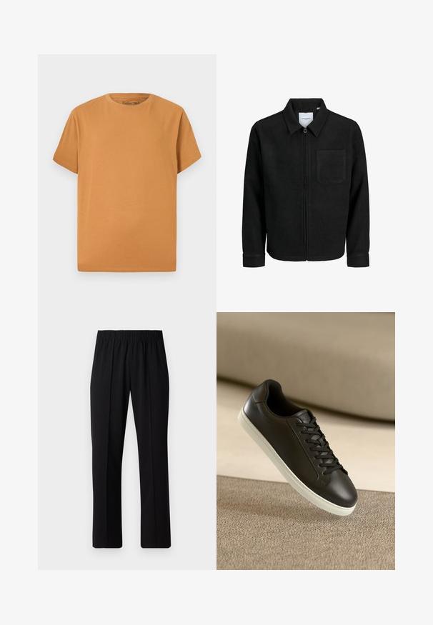 Juodas džemperis su užtrauktuku, apykakle ir vienu krūtiniu kišenėje, pristatytas baltame fone.; Šviesiai rudos spalvos trumpomis rankovėmis marškiniai, pagaminti iš švelnaus medvilnės. Turi klasikinį apvalų kaklą ir laisvą siluetą.; Juodos, elastingos juosmens kelnės su tiesiomis kojomis, turinčios lygų paviršių ir be matomų raštų ar detalių.; Juodų odinių sportbačių su baltu guminiu padu ir juodomis raištelėmis nuotrauka, padėta ant šviesiai rudos tekstilės paviršiaus ir fono.