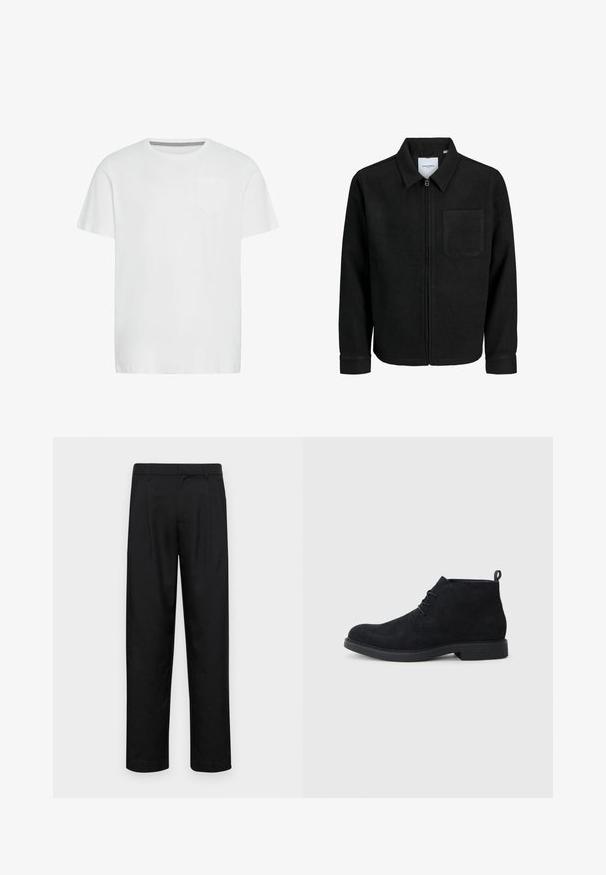 Black zip-up jacket with collar and single chest pocket, displayed on white background.; White cotton t-shirt with a crew neck, short sleeves, and a single chest pocket. Features a subtle herringbone pattern on the inner neckline.; Black trousers made of smooth fabric, featuring a straight-leg design, two front pleats, and standard waistband with belt loops.; Black suede ankle boots with a rounded toe, lace-up design, and a textured rubber sole. Features a small pull tab at the back.