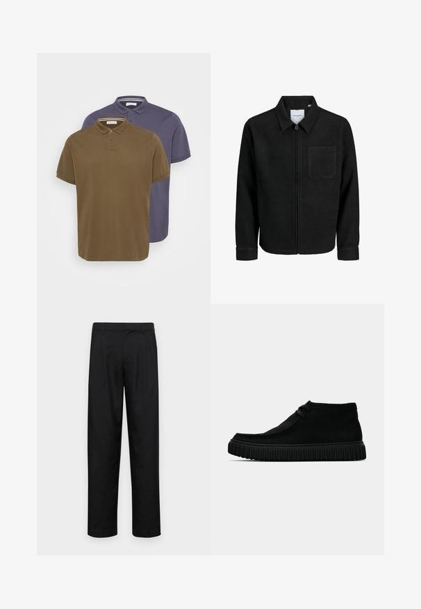 Zwarte zip-up jas met kraag en enkele borstzak, weergegeven op een witte achtergrond.; Twee poloshirts in olijf groen en marineblauw. Korte mouwen, klassieke kraag, placket met drie knopen. Zachte katoenen stof.; Zwarte broeken van gladde stof, met een recht model, twee voorknikken en een standaard tailleband met riemlussen.; Zwarte enkelboots van zacht materiaal, met een ronde neus, minimale veters en een gestructureerde rubberen zool met verticale groeven.