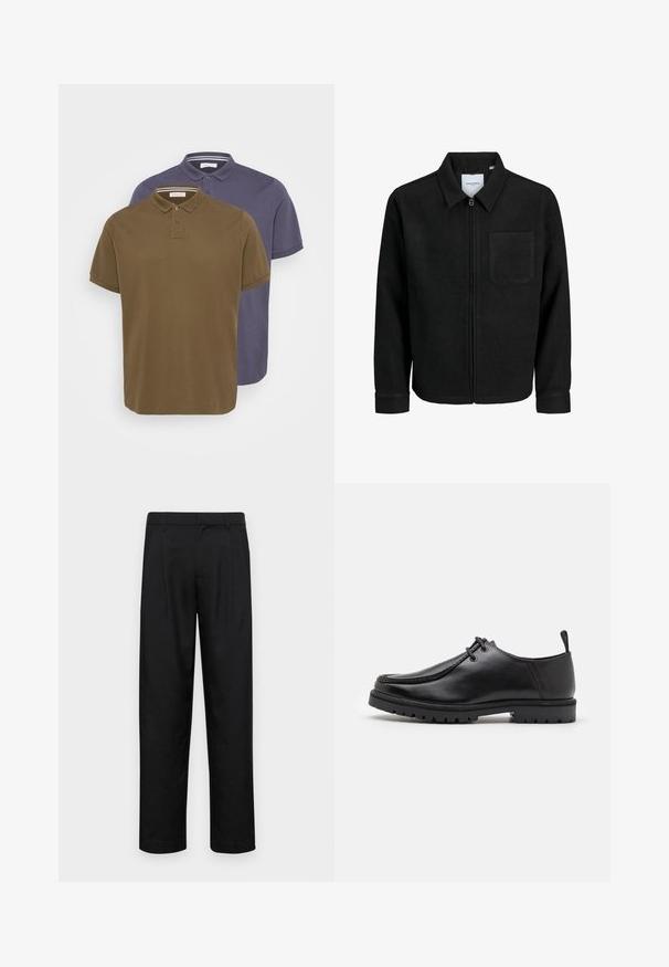 Schwarze Zip-Jacke mit Kragen und einer einzelnen Brusttasche, auf weißem Hintergrund präsentiert.; Zwei Poloshirts in olivgrün und marineblau. Kurze Ärmel, klassischer Kragen, Knopfleiste mit drei Knöpfen. Glattes Baumwollgewebe.; Schwarze Hose aus glattem Stoff, mit geradem Bein Design, zwei vorderen Falten und einem Standardbund mit Gürtelschlaufen.; Schwarze Leder-Schnürschuhe mit robustem Sohlenprofil und Zuglasche an der Ferse, von der Seite auf einem weißen Hintergrund gezeigt.