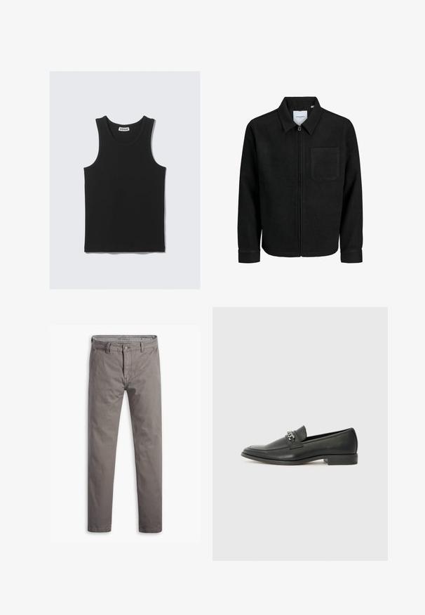 Sort lynlåsjakke med krave og en enkelt brystlomme, vist på hvid baggrund.; Sort bomulds tanktop med ribbet tekstur, der har en rund udskæring og brede ærmegab. Mærket er synligt ved halsen.; Grå chinos med en glat tekstur, lige ben, standard fem-lomme stil og en metalknap i taljen.; Sorte læder loafers med en glat finish, der har et syet design og et dekorativt metal kædeaccent hen over vamps. Flad hæl.