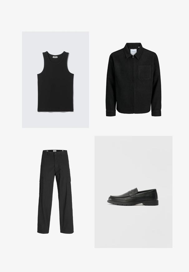 Sort lynlåsjakke med krave og en enkelt brystlomme, vist på hvid baggrund.; Sort bomulds tanktop med ribbet tekstur, der har en rund udskæring og brede ærmegab. Mærket er synligt ved halsen.; Sorte cargo bukser med en løs pasform, lavet af bomuld. Har to sidelommer og knaplukning, designet til funktionalitet og komfort.; Sorte læderslippers med en glat finish, mokkasin-stil overdel, syninger og gummisål. Klassisk design med en lav hæl.