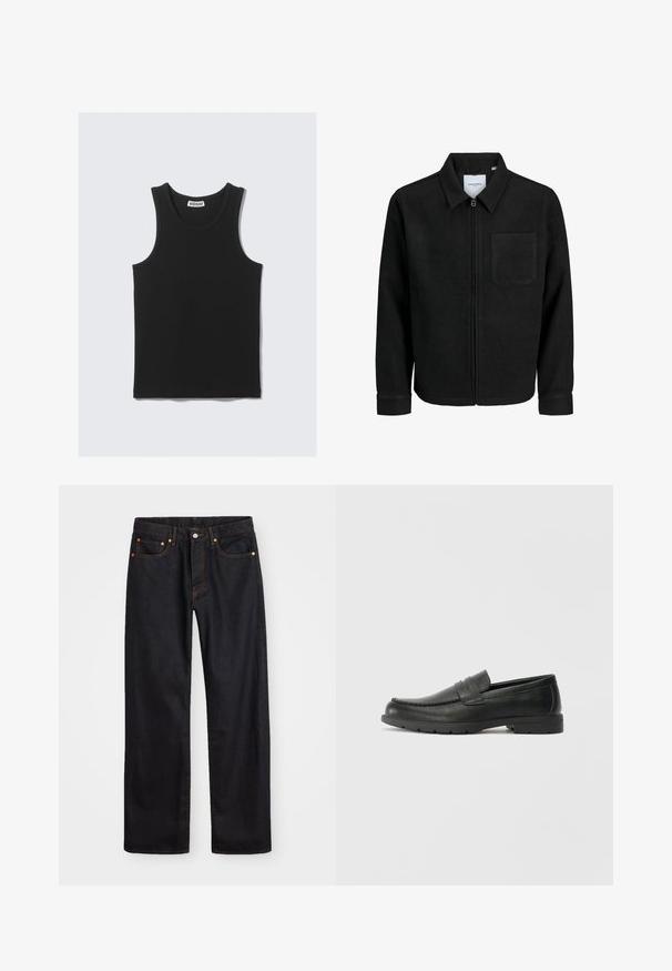 Giacca nera con zip, colletto e una tasca sul petto, mostrata su sfondo bianco.; Top in cotone nero senza maniche con texture a coste, dotato di scollo rotondo e ampi fori per le braccia. Etichetta visibile sul collo.; Jeans neri in denim dritto da uomo con cinque tasche e cuciture arancioni, chiusura con bottone e zip sulla vita anteriore.; Mocassini neri in pelle con una finitura liscia, parte superiore in stile mocassino, dettagli cuciti e suola in gomma. Design classico con tacco basso.