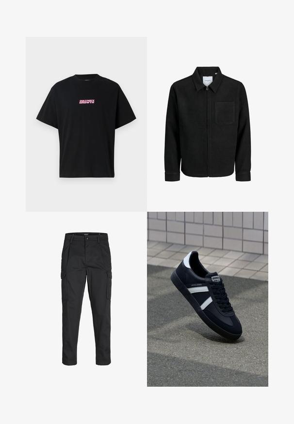 Svart zip-jacka med krage och en enda bröstficka, visad på vit bakgrund.; Svart bomullströja med korta ärmar. Har en rosa grafisk text "KULTIVERA TILLVÄXT" centrerad på framsidan. Enkel design, avslappnad passform.; Svarta cargobyxor tillverkade av hållbart tyg, med flera fickor, knappstängning och en smal passform med avsmalnande ben.; Svart lädersneaker med vita ränder, texturerad gummisul, och snörning fram. Har en märkesskylt på tungan.
