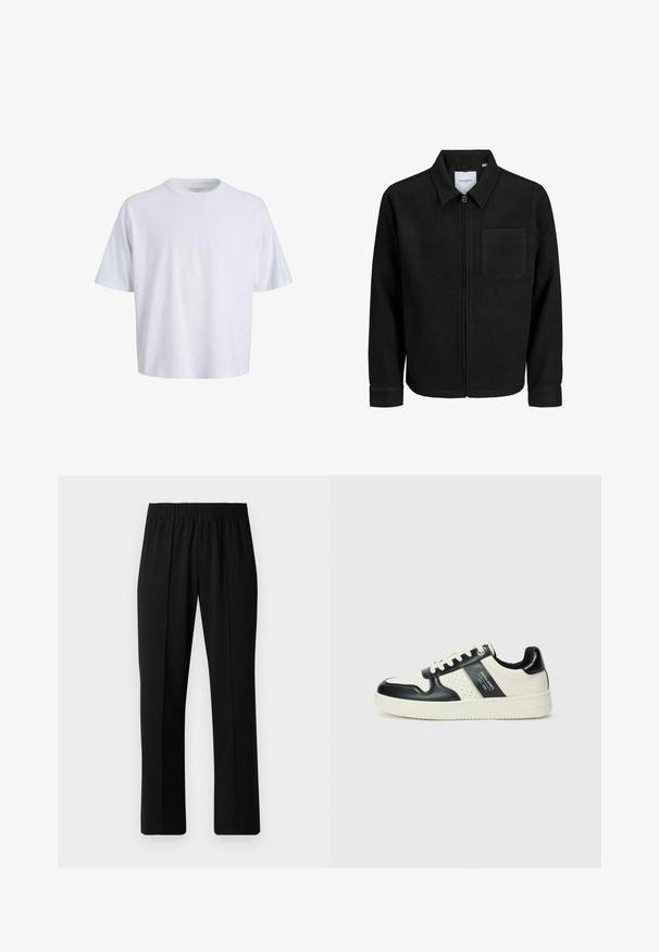 Musta vetoketjullinen takki, jossa on kaulus ja yksi rintatasku, esitelty valkoista taustaa vasten.; Valkoinen puuvillat-paita, jossa on pyöreä kaula-aukko, lyhyet hihat ja rento istuvuus. Sujuva pinta ja minimaalinen muotoilu ilman näkyviä kuvioita tai koristeita.; Mustat, joustavat vyötäröhousut suoralla lahkeella, joissa on sileä pinta ilman näkyviä kuvioita tai metalliosia.; Nahkakengät musta-kerma värimaailmassa, joissa on rei'itetyt yksityiskohdat, pehmustettu nilkkaosa ja teksturoitu pohja.