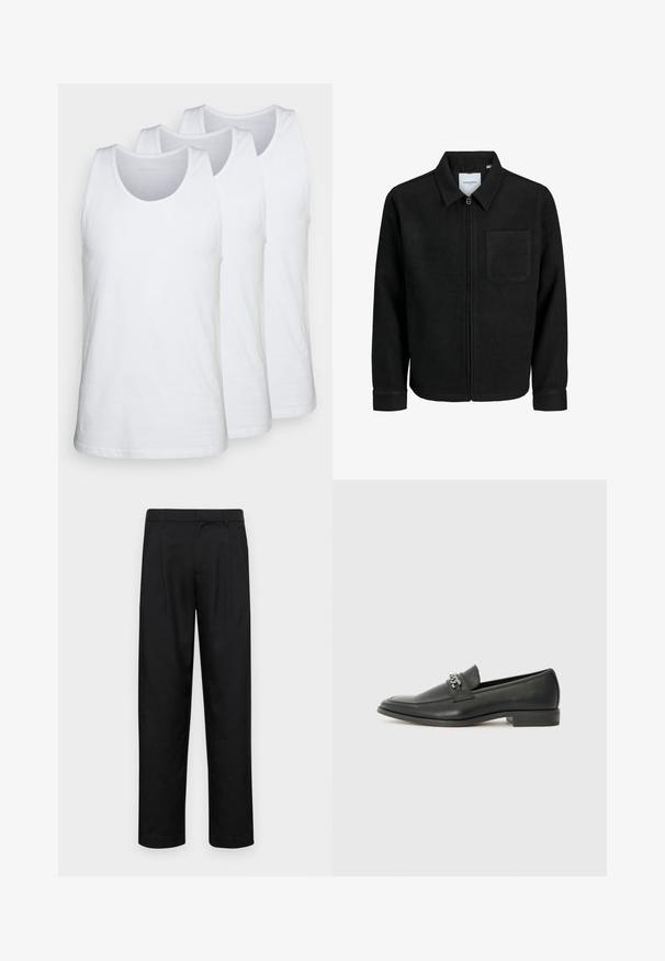 Crna jakna na zip s ovratnikom i jednim džepom na prsima, prikazana na bijeloj pozadini.; Pak od tri bijele majice bez rukava izrađene od pamuka, s okruglim izrezom i bez rukava, glatkom teksturom i standardnim krojem.; Crne hlače od glatkog materijala, s dizajnom ravnih nogavica, dva prednja nabora i standardnim pojasom s petljama za remen.; Crna kožna loafer cipela s glatkom finišem, s ušivenim uzorkom i dekorativnim metalnim lancem preko prednjeg dijela. Ravni potplat.