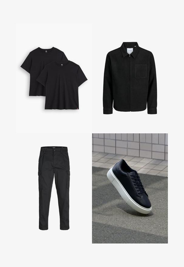 Čierna zipsová bunda s golierom a jednou náprsníkou, vystavená na bielom pozadí.; Dvoje čiernych bavlnených tričiek s krátkymi rukávmi, okrúhlymi výstrihmi a voľným strihom. Každé má malé tkané označenie na leme.; Čierne cargo nohavice z odolnej látky, s viacerými vreckami, gombíkovým zapínaním a úzkym strihom so zúženými nohavicami.; Čierne kožené tenisky s okrúhlou špičkou a bielou gumovou podrážkou. Majú ploché šnúrky a minimálne šitie na vrchu. Textúrovaná podrážka pre lepšiu priľnavosť.