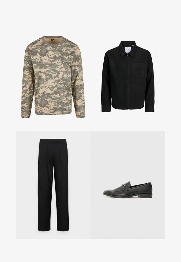Fekete, zipzáros dzseki gallérral és egyetlen mellzsebbel, fehér háttéren.; Hosszú ujjú ing digitális álcázó mintázatban, zöld és bézs árnyalatokkal, kerek nyakkivágással és puha tapintással.; Fekete nadrág sima anyagból, egyenes szárú fazonnal, két elülső redővel és közönséges derékkal, övhurkokkal.; Fekete bőr loaferek sima felülettel, varrott mintával és díszítő fém lánccal a cipő elején. Lapos sarok.