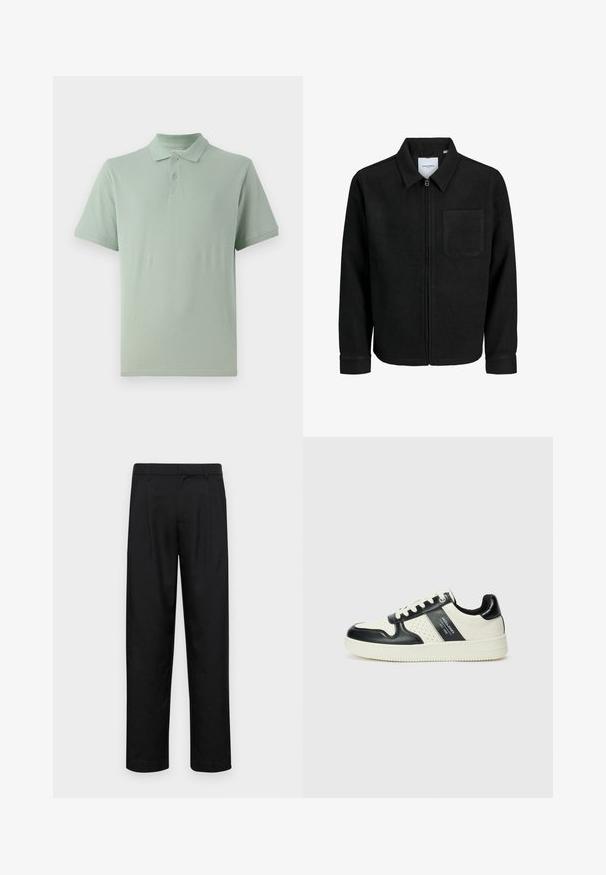 Black zip-up jacket with collar and single chest pocket, displayed on white background.; Light green polo shirt made of cotton, featuring a classic collar, two-button placket, and short sleeves with a subtle logo detail.; Black trousers made of smooth fabric, featuring a straight-leg design, two front pleats, and standard waistband with belt loops.; Leather sneakers with a black and cream color scheme, featuring perforated accents, a padded collar, and a textured outsole.