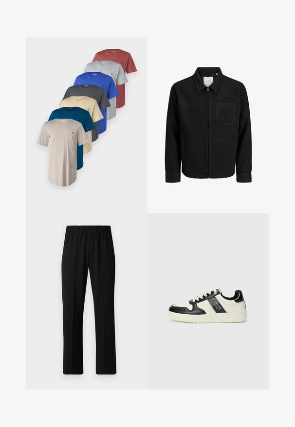 Musta vetoketjullinen takki, jossa on kaulus ja yksi rintatasku, esitelty valkoista taustaa vasten.; Jack & Jones JPRBLABRODY TEE 7 PACK - T-paita - royal blue/black/beige/grey/dark red; Mustat, joustavat vyötäröhousut suoralla lahkeella, joissa on sileä pinta ilman näkyviä kuvioita tai metalliosia.; Nahkakengät musta-kerma värimaailmassa, joissa on rei'itetyt yksityiskohdat, pehmustettu nilkkaosa ja teksturoitu pohja.
