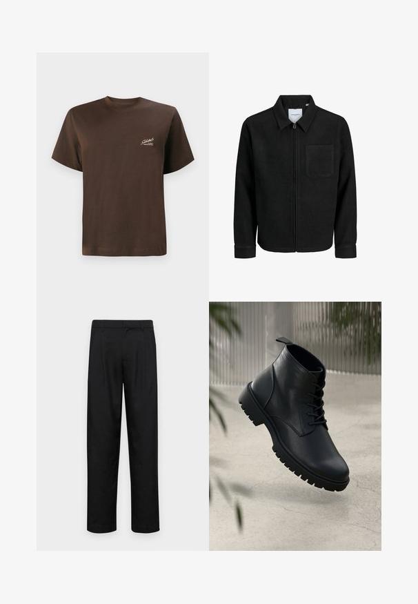 Musta vetoketjullinen takki, jossa on kaulus ja yksi rintatasku, esitelty valkoista taustaa vasten.; Ruskean puuvillapaita, jossa on pyöreä kaula-aukko, lyhyet hihat ja pieni valkoinen logo painettuna vasemmalle puolelle. Sujuva rakenne, normaali istuvuus.; Mustat housut, jotka on valmistettu sileästä kankaasta, suoran lahkeen muotoilulla, kahdella etupleekillä ja tavanomaisella vyötäröllä, jossa on vyölenkit.; Mustat nahka nilkkurit, joissa on pyöreä kärki, nauhakiinnitys ja kova kumipohja. Sujuva pinta, jossa on vetoketju takana.