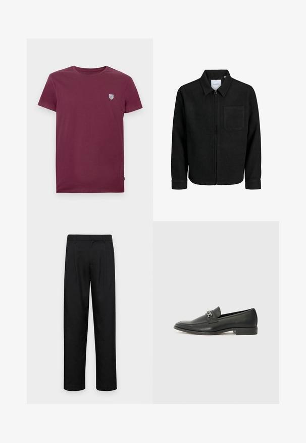 Giacca nera con zip, colletto e una tasca sul petto, mostrata su sfondo bianco.; T-shirt bordeaux in cotone con scollo rotondo e maniche corte. Presenta un piccolo logo a scudetto sul lato sinistro del petto. Texture liscia.; Pantaloni neri realizzati in tessuto liscio, caratterizzati da un taglio dritto, due pieghe frontali e una vita standard con passanti per la cintura.; Mocassino in pelle nera con finitura liscia, caratterizzato da un design cucito e da un accento decorativo in catena metallica sul vamp. Tacco piatto.