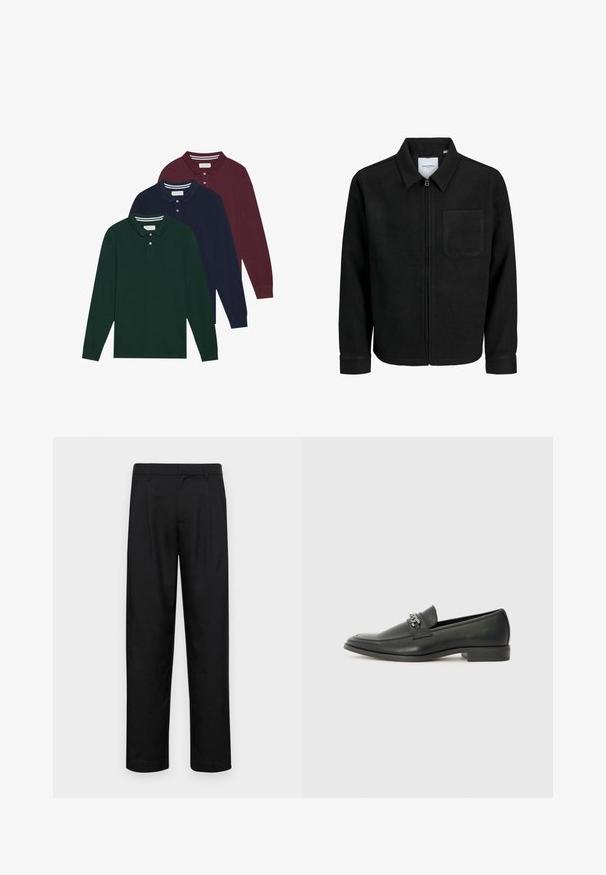 Crna jakna na zip s ovratnikom i jednim džepom na prsima, prikazana na bijeloj pozadini.; Trii majice s dugim rukavima u tamnozelenoj, mornarsko plavoj i burgundijskoj boji, s klasičnim ovratnicima i dugmadi. Mekani, teksturirani materijal.; Crne hlače od glatkog materijala, s dizajnom ravnih nogavica, dva prednja nabora i standardnim pojasom s petljama za remen.; Crna kožna loafer cipela s glatkom finišem, s ušivenim uzorkom i dekorativnim metalnim lancem preko prednjeg dijela. Ravni potplat.