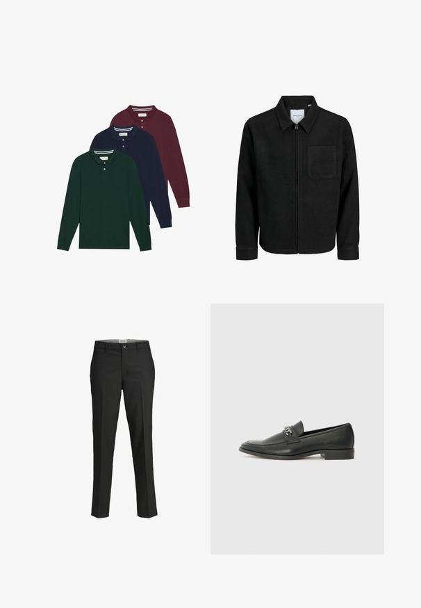 Melna jaka ar rāvējslēdzēju un apkakli, vienu krūšu kabatu, parādīta uz baltas fona.; Trīs garās piedurknes polo krekli tumši zaļā, jūras zila un bordo krāsā, ar klasiskām apkaklēm un pogām. Mīksta, teksturēta auduma.; Melni bikses, pielāgota piegriezuma, gluda auduma, vidēji augsta josta, priekšējā pogu aizdare, diagonalās kabatas un gurnu daļā ir krokas.; Melna ādas loafer izmēra apavi ar gludu virsmu, piedāvā ar šūtu dizainu un dekoratīvu metāla ķēdes akcentu pār vampu. Plakana papēža daļa.