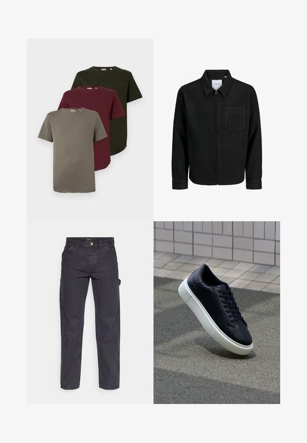 Chaqueta negra con cremallera y cuello, con un solo bolsillo en el pecho, expuesta sobre un fondo blanco.; Tres camisetas de manga corta en verde oliva, burdeos y gris, hechas de algodón suave, con cuello redondo y un ajuste relajado.; Pantalones cargo de color gris oscuro, confeccionados con un tejido duradero, que presentan un corte recto, cinco bolsillos y un cierre de botón en la cintura.; Zapatilla de cuero negro con punta redonda y suela de goma blanca. Presenta cordones planos y un mínimo de costuras en la parte superior. Suela texturizada para proporcionar agarre.