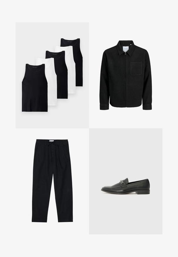Juodas džemperis su užtrauktuku, apykakle ir vienu krūtiniu kišenėje, pristatytas baltame fone.; Penki be rankovių marškinėliai juodos ir baltos spalvos medvilnės audinio. Su apvaliais iškirpimais, prigludusia forma ir lygiu paviršiumi.; Pier One Chino stiliaus kelnės - black; Juodos odinės loafer tipo bateliai su lygiu paviršiumi, turintys siuvinėtą dizainą ir dekoratyvų metalo grandinėlės akcentą ant batų viršaus. Plokščias kulnas.