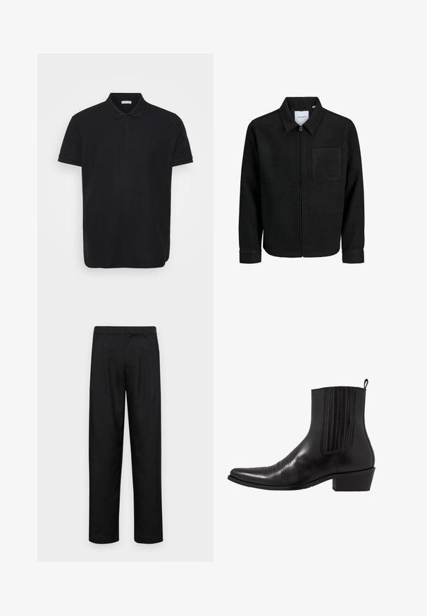 Jachetă neagră cu fermoar, cu guler și un singur buzunar pe piept, expusă pe fundal alb.; Tricou polo negru cu o textură canelată, având un guler clasic, o plachetă cu trei nasturi și un accent subtil al logo-ului pe partea stângă a pieptului.; Pantaloni negri dintr-un material neted, cu un design drept, două pliuri frontale și un tiv standard cu bucle pentru curea.; Cizma de gleznă din piele neagră, cu vârf ascuțit, panouri laterale elastice, accente de cusături verticale și toc bloc mic.